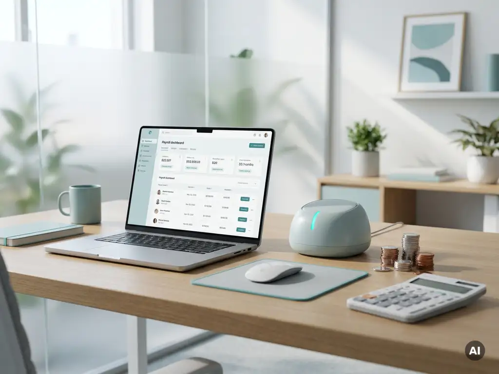 Open laptop met payroll workspace, tijdregistratie, calculator en munten op modern bureau in daglicht.