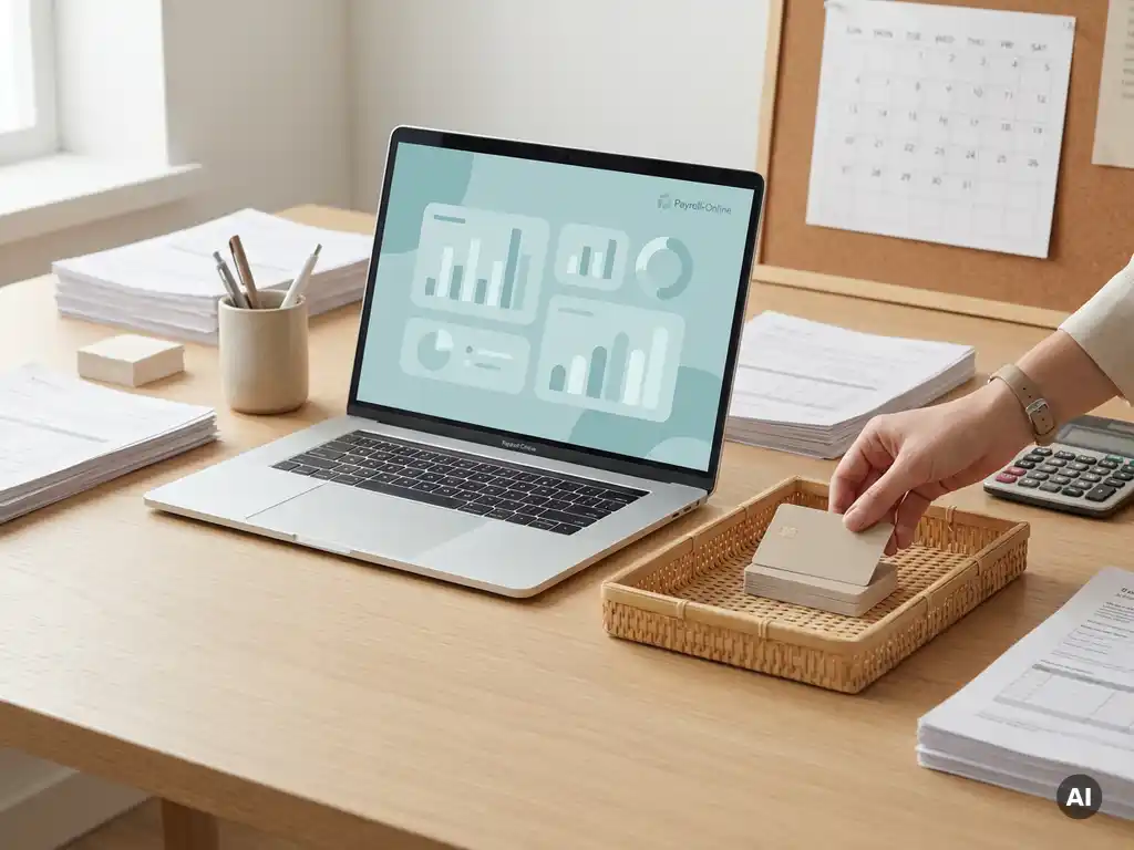 Open laptop met payroll-dashboard en hand met betaalkaarten op nette bureauwerkplek, in zacht daglicht.
