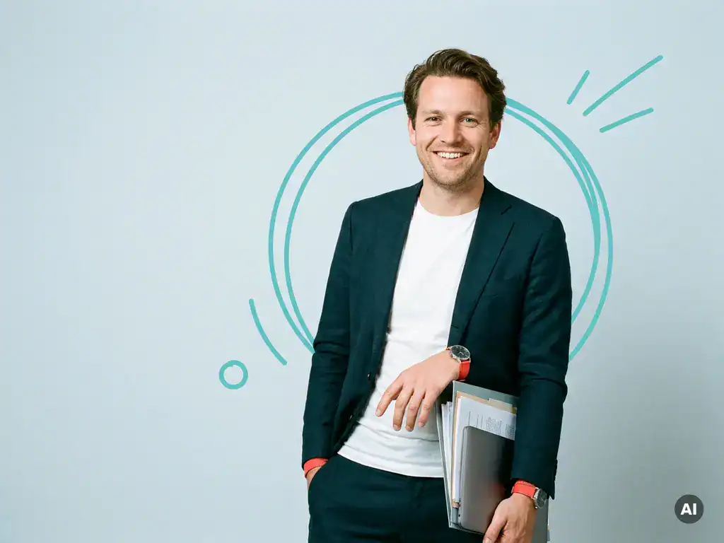 Zelfverzekerde Nederlandse zzp’er met map en laptop in studio, payrolladministratie en ontzorging, veel lege ruimte links