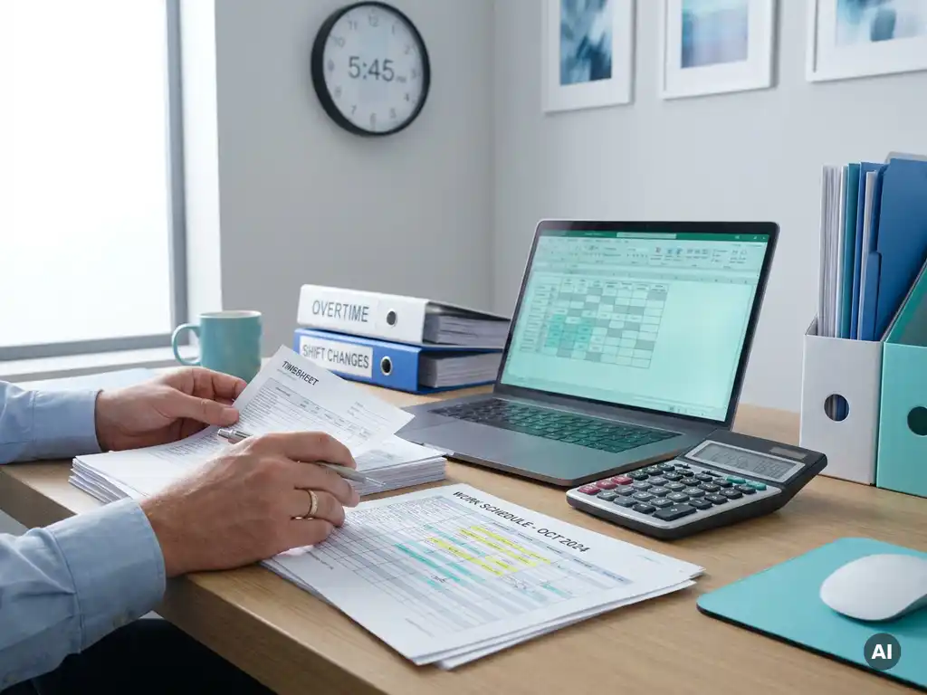 Payrolladministrateur bekijkt werkrooster met calculator, urenstaten en laptop op bureau in modern kantoor.