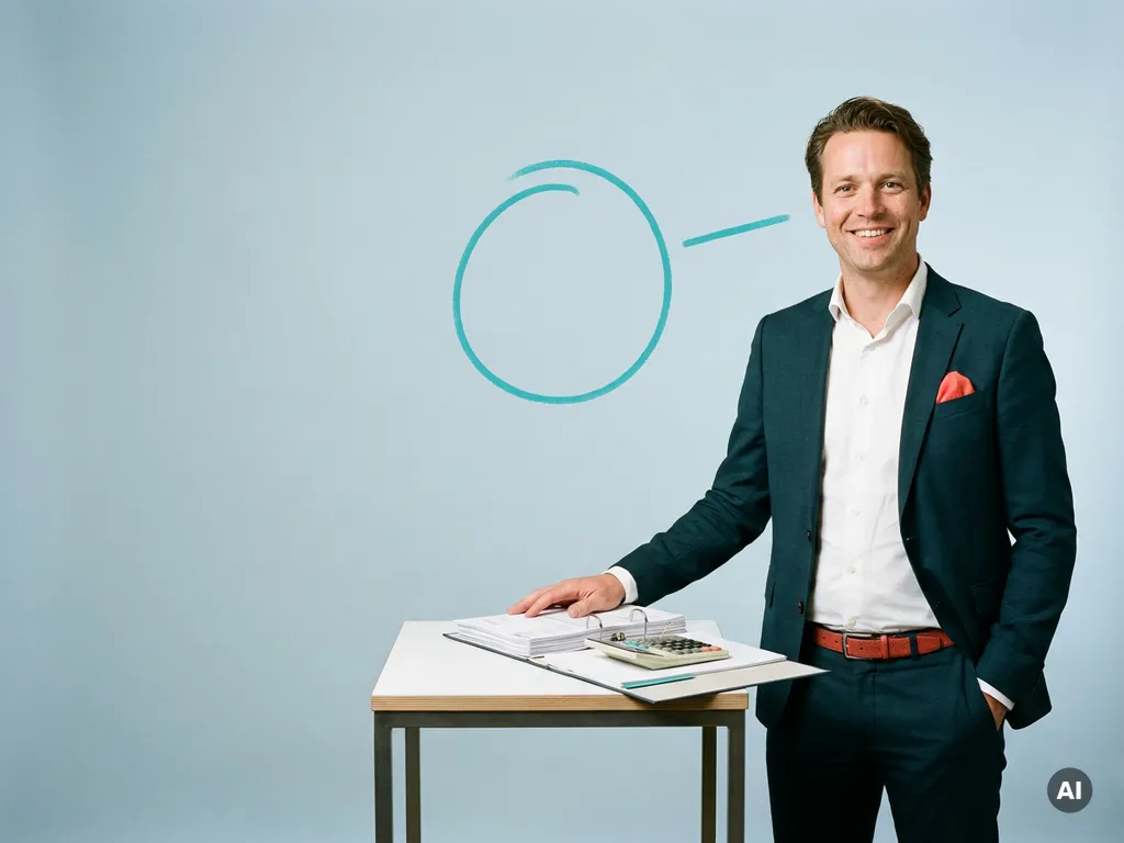 Vriendelijke Nederlandse mkb-ondernemer naast payrollberekening op hoge tafel, in moderne studio met lege ruimte links