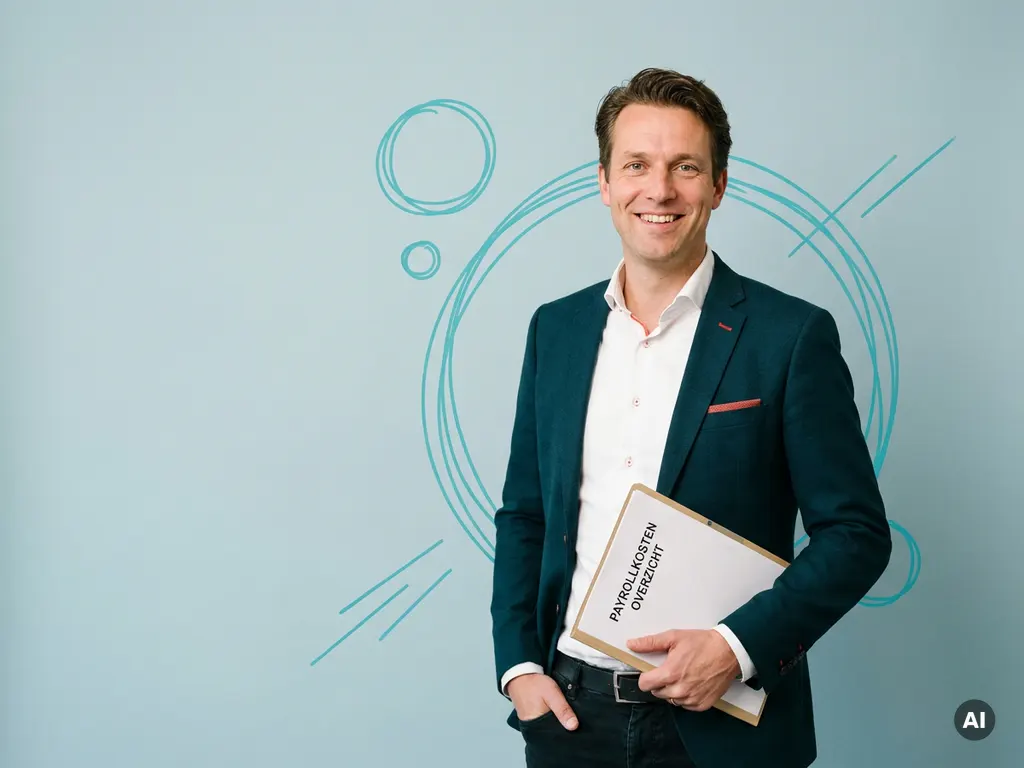 Zelfverzekerde mkb-ondernemer met papieren over payrollkosten in studio, met lege ruimte links en blauwgrijze achtergrond