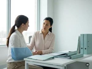 Payrollmedewerker ondersteunt collega met arm in mitella aan bureau in modern kantoor met geordende mappen.