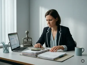 Gespannen payrollmedewerker bekijkt ordners en rekenmachine naast laptop en stempel in strak kantoor met serieuze sfeer