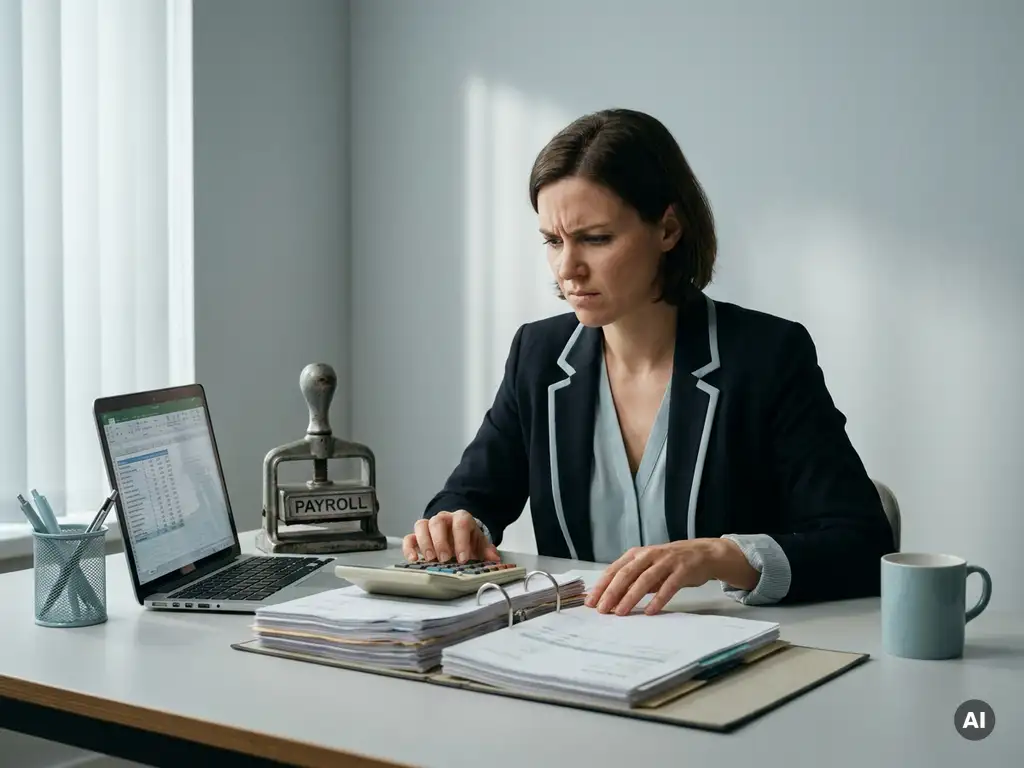 Gespannen payrollmedewerker bekijkt ordners en rekenmachine naast laptop en stempel in strak kantoor met serieuze sfeer