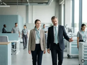 Payrollmedewerker en leidinggevende lopen over werkvloer in moderne zakelijke omgeving met medewerkers op de achtergrond
