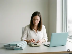 Payrollmedewerker ordent geconcentreerd loonadministratie aan strak bureau in modern kantoor met ordners en rekenmachine