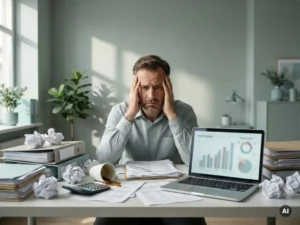 Gespannen payrollmedewerker kijkt bezorgd naar rommelig bureau met laptop, rekenmachine en omgevallen koffiekopje.