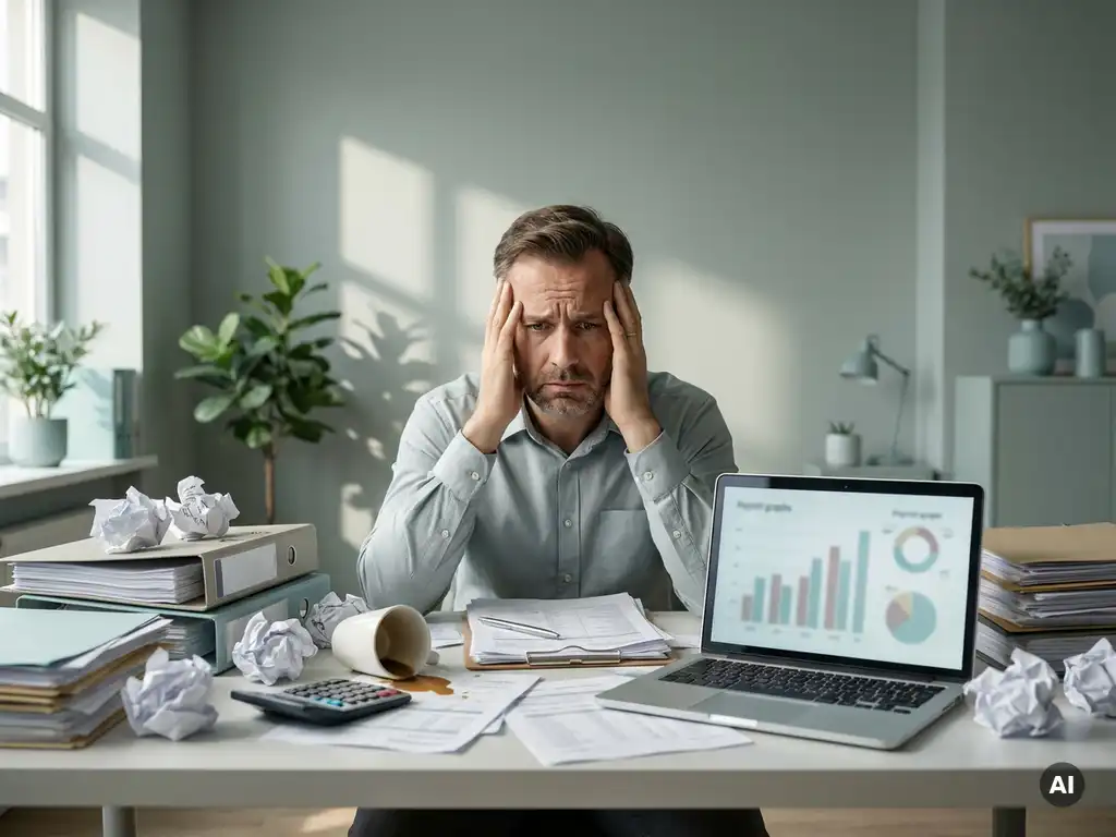 Gespannen payrollmedewerker kijkt bezorgd naar rommelig bureau met laptop, rekenmachine en omgevallen koffiekopje.