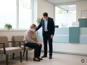 Bezorgde payrollmedewerker in medische wachtruimte, gesteund door rustige werkgever naast receptie in payroll-online kleuren