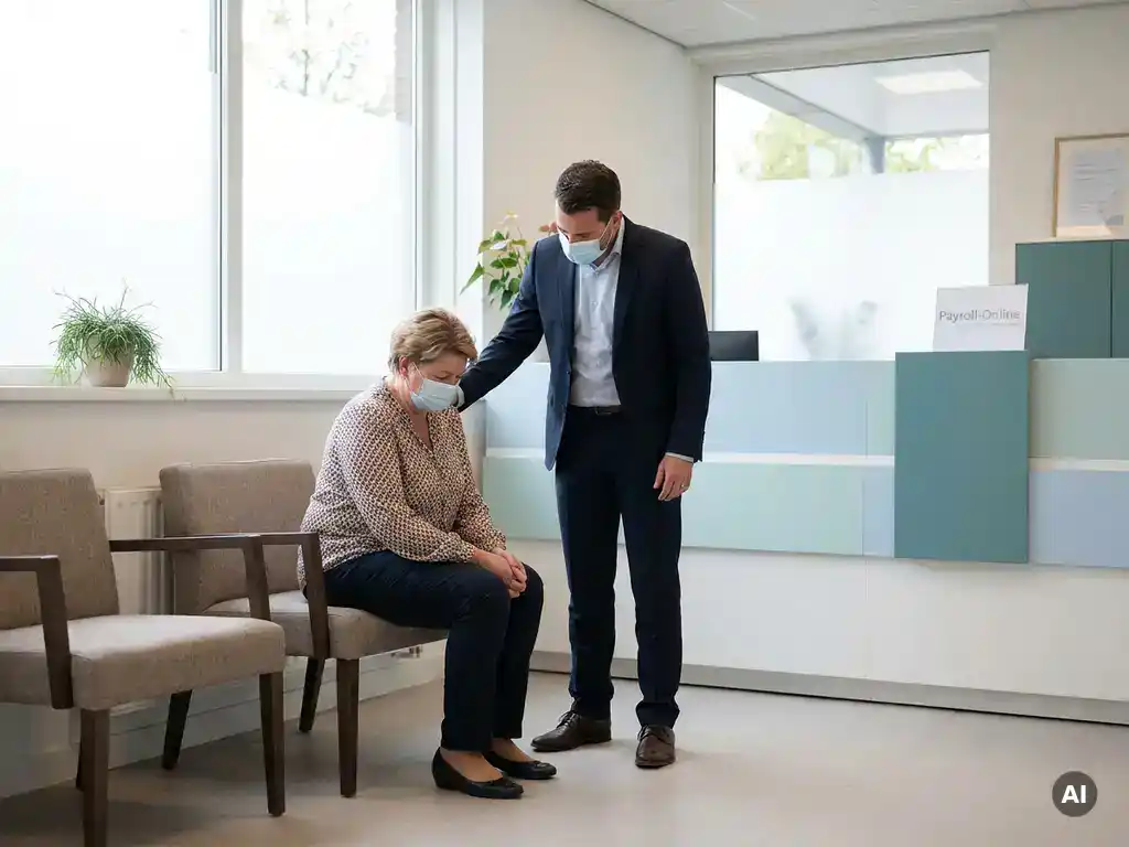 Bezorgde payrollmedewerker in medische wachtruimte, gesteund door rustige werkgever naast receptie in payroll-online kleuren
