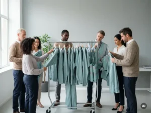 Payrollmedewerkers vergelijken werkuniformen en veiligheidskleding aan een gedeeld rek, als metafoor voor cao-keuzes.