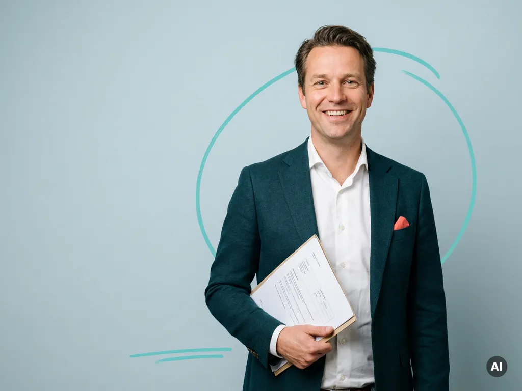 Zelfverzekerde mkb-ondernemer met payrollofferte in map, glimlachend in studio met lichtblauwe achtergrond en ruimte links
