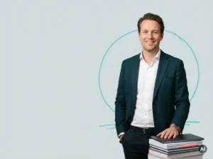 Zelfverzekerde Nederlandse mkb-ondernemer naast documenten en laptop, in studio met ruimte voor payrollcampagne