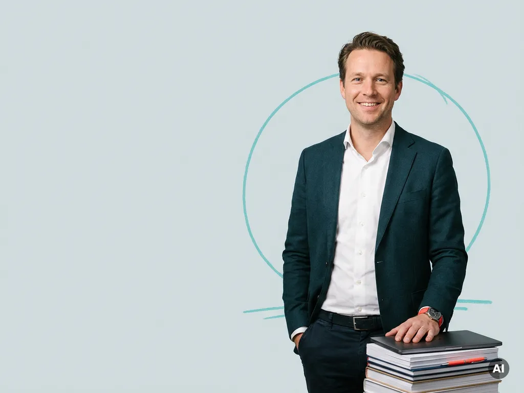 Zelfverzekerde Nederlandse mkb-ondernemer naast documenten en laptop, in studio met ruimte voor payrollcampagne