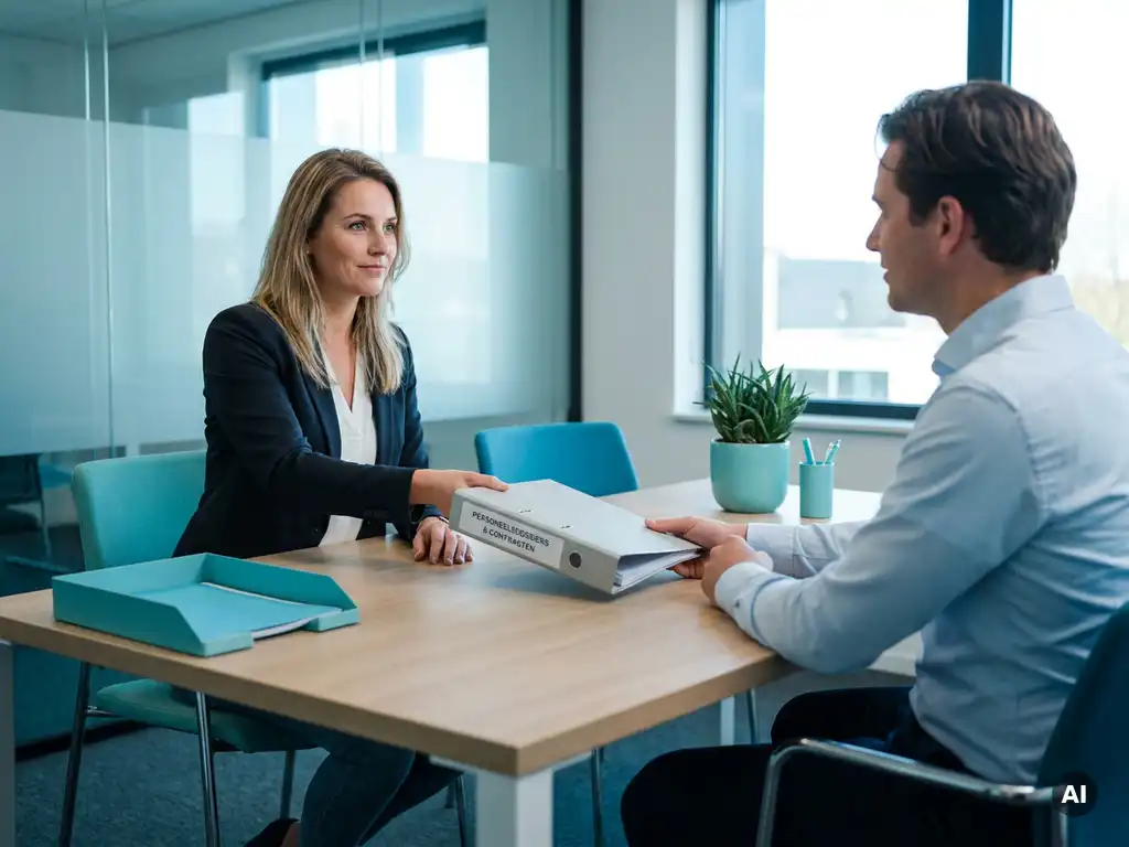 Intermediair schuift personeelsdossier naar payrollpartner over strak bureau in modern kantoor.