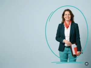 Nederlandse mkb-ondernemer met map, glimlachend in studio, met ruimte links voor payroll en samenwerking