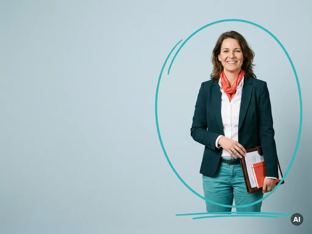 Nederlandse mkb-ondernemer met map, glimlachend in studio, met ruimte links voor payroll en samenwerking