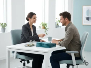 Payrollspecialist overhandigt loonadministratie aan medewerker aan modern bureau, met cashtray in rustige kantoorsetting