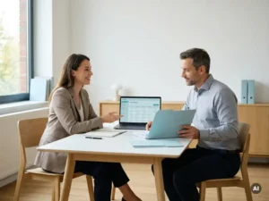Zelfverzekerde ondernemer werkt met payrollspecialist aan laptop in licht modern kantoor met georganiseerd bureau.