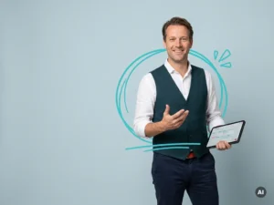 Vriendelijke Nederlandse mkb-ondernemer met tablet, ontspannen in studio, symbool voor moeiteloze personeelsplanning