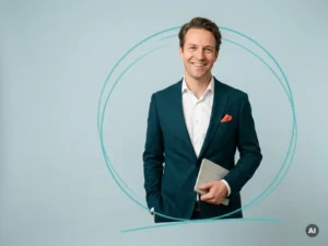 Zelfverzekerde mkb-ondernemer met map in studio, open glimlach en rustige uitstraling, thema personeelsverloop verminderen