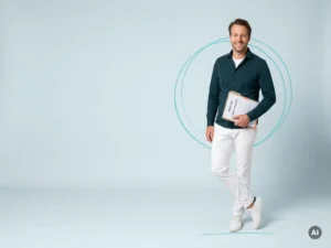 Zelfverzekerde mkb-ondernemer met contractmap, glimlachend in studio, verwijzend naar proeftijd en arbeidsvoorwaarden