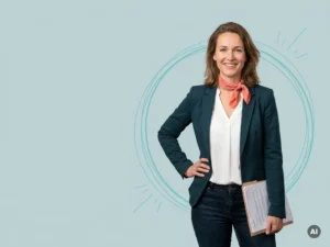 Zelfverzekerde Nederlandse recruiter met documenten in studio, open houding en glimlach, met ruimte voor tekst links