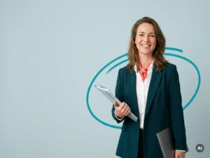 Zelfverzekerde Nederlandse recruiter met map, rechts in beeld op licht blauwgrijze achtergrond met copy space links