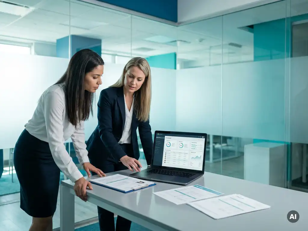 Zelfverzekerde recruiter en hiring manager bekijken kandidatenprofiel en payroll-documenten aan strak bureau.