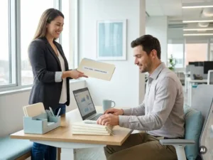 Recruiter overhandigt onboardingmap aan backoffice payrollspecialist aan modern bureau in lichte kantooromgeving