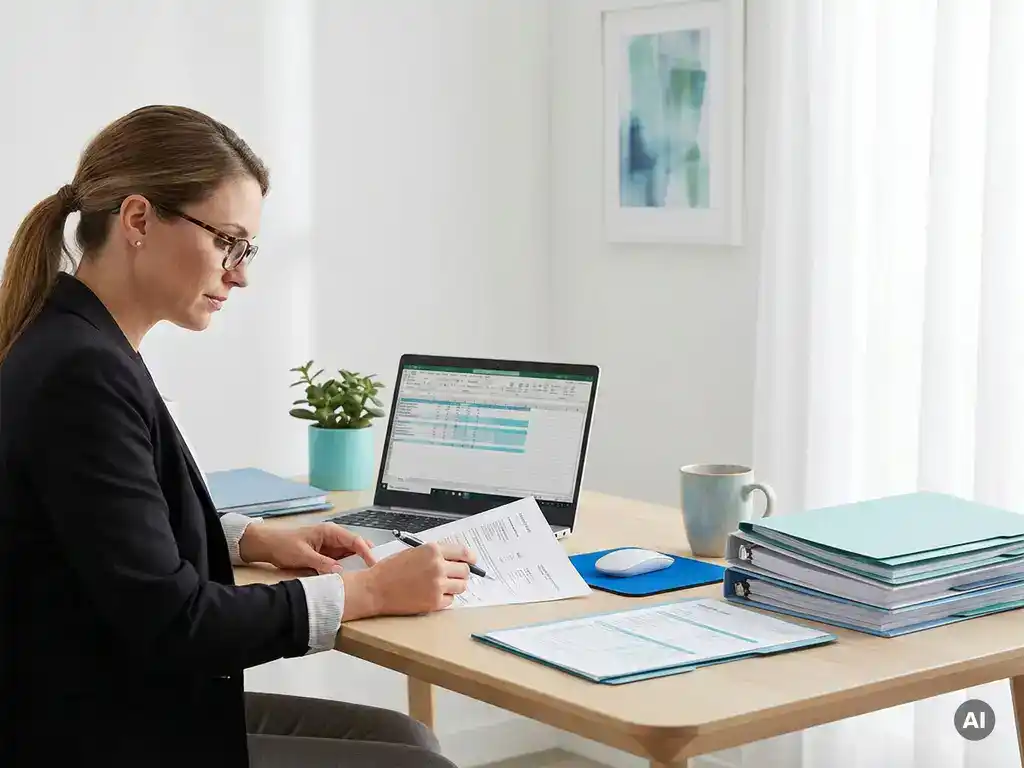 Ondernemer controleert loondocumenten aan modern bureau met laptop en formulieren in rustige, professionele kantooromgeving