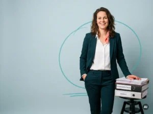 Nederlandse mkb-ondernemer naast ordners en papieren, ontspannen in studio, verwijzing naar salarisadministratie