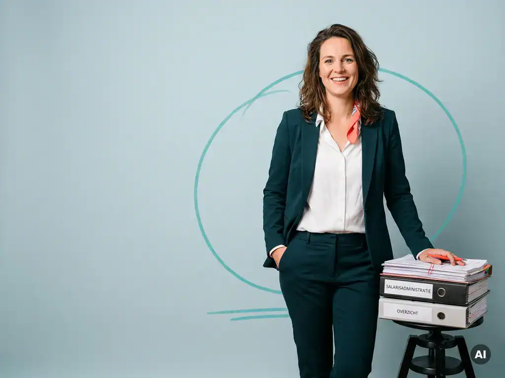 Nederlandse mkb-ondernemer naast ordners en papieren, ontspannen in studio, verwijzing naar salarisadministratie
