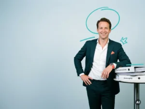 Vriendelijke mkb-ondernemer naast ordners op tafel, in studio met lege ruimte, verwijzend naar salarisadministratie