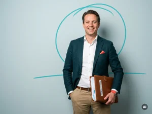 Zelfverzekerde Nederlandse mkb-ondernemer met salarisdocumenten in studio, symbool voor veilige salarisuitbesteding