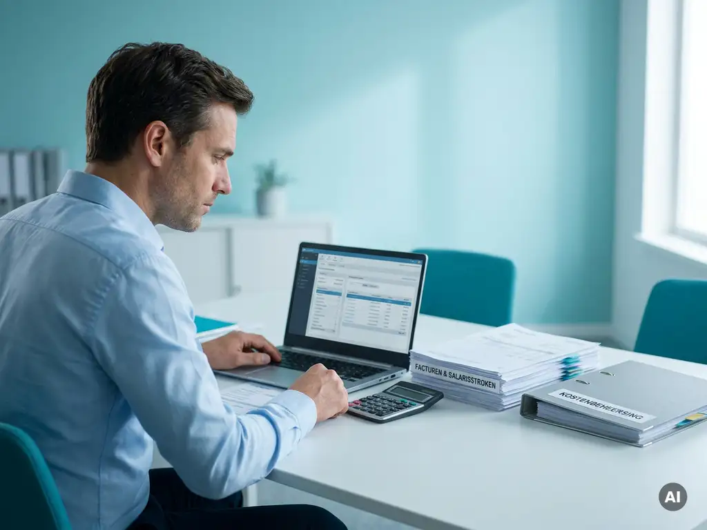 Financieel medewerker controleert salarisdocumenten en facturen aan bureau met laptop en rekenmachine in modern kantoor