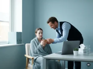 Zieke medewerker onder deken in payrollkantoor krijgt warme drank van collega, met tissues en water in zacht daglicht