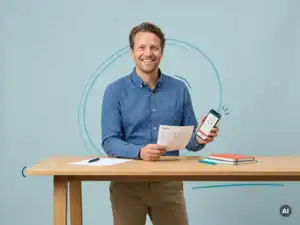 Vriendelijke Nederlandse mkb-ondernemer met urenstaat en smartphone bij statafel, in lichte studio met veel lege ruimte links