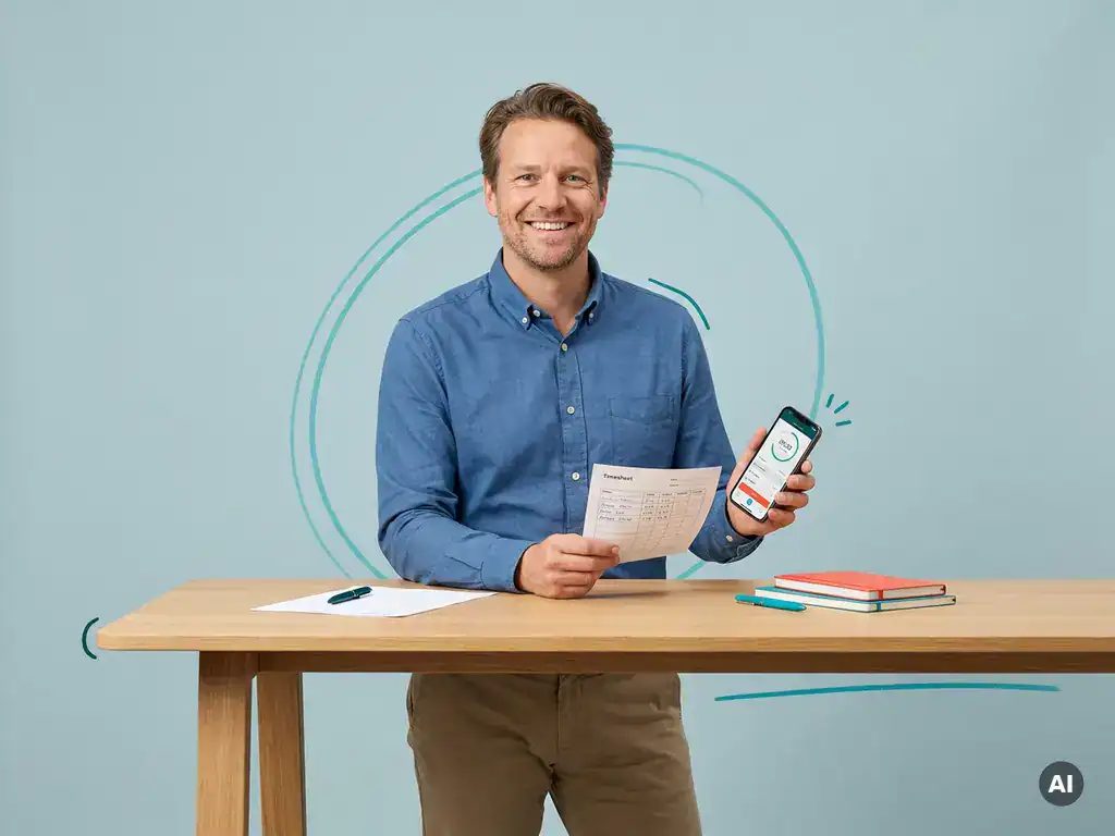 Vriendelijke Nederlandse mkb-ondernemer met urenstaat en smartphone bij statafel, in lichte studio met veel lege ruimte links