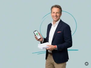 Nederlandse mkb-ondernemer met urenbriefjes en smartphone voor tijdregistratie, ontspannen in rustige studio.