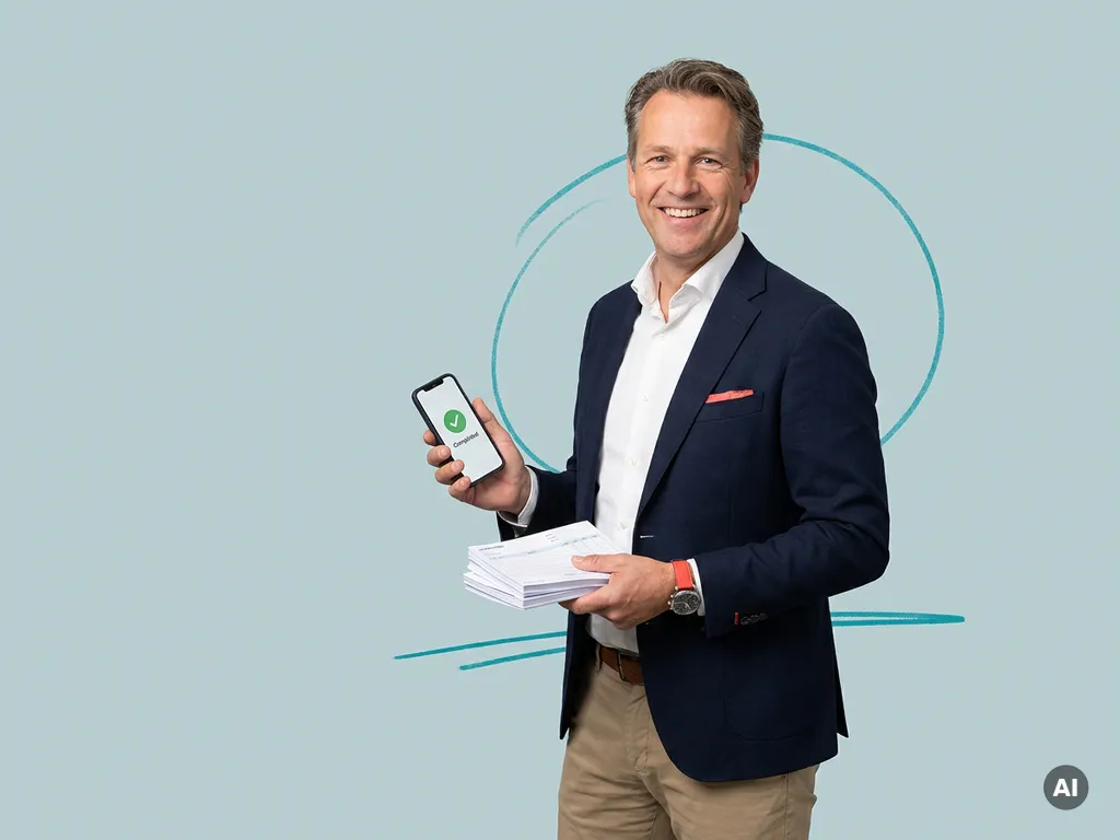 Nederlandse mkb-ondernemer met urenbriefjes en smartphone voor tijdregistratie, ontspannen in rustige studio.