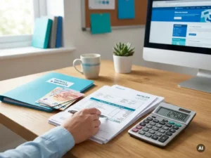 Hand controleert payslips op bureau met calculator, eurobankbiljetten en map voor nauwkeurige vakantiegeldberekening