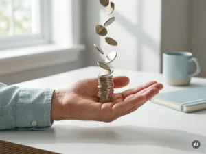 Open hand met glanzende munten en stapel vakantiegeld op modern bureau, zomers daglicht en subtiele blauwgroene accenten