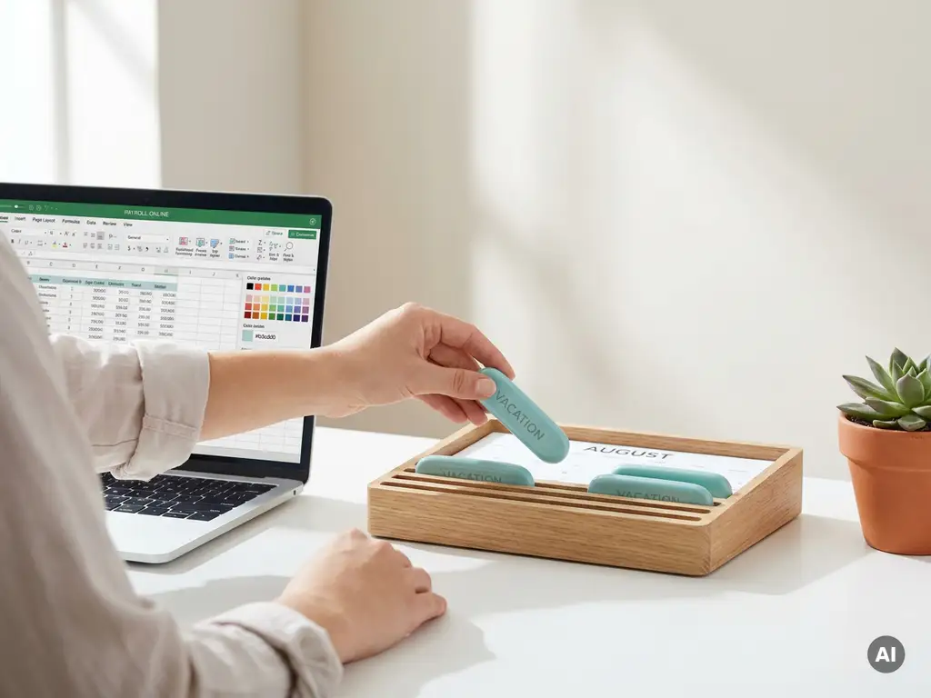 Kantoormedewerker plaatst turquoise vakantiemarkers in bureaubladkalender naast laptop en plant voor payrollplanning