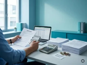 Persoon vergelijkt contracten aan bureau met laptop, rekenmachine en munten in modern kantoor, verborgen kosten controleren