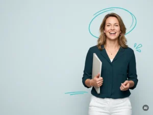 Vriendelijke Nederlandse zzp’er met documentenmap, smart casual in studio, voor payroll en verloning diensten