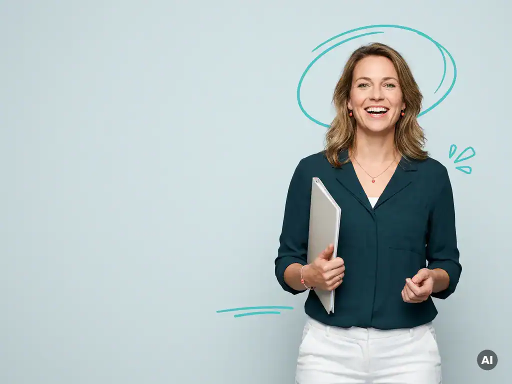 Vriendelijke Nederlandse zzp’er met documentenmap, smart casual in studio, voor payroll en verloning diensten