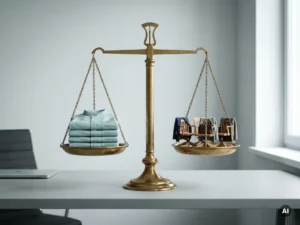 Uitgebalanceerde weegschaal met werkuniformen en lege bureaustoelen op bureau, metafoor voor personeel in eigen dienst