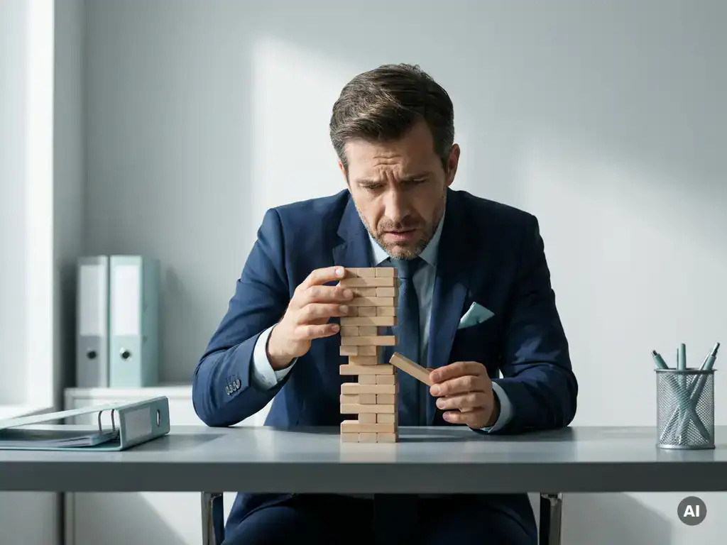 Gespannen werkgever stabiliseert wankele houten blokken op bureau in modern kantoor, symbool voor risico en onzekerheid